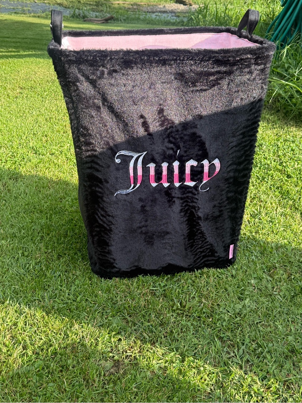 Juicy Couture Black Faux Fur Travel Tote with Pink Interior